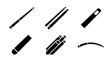 collection of billiard cue, 6 filled black minimal icon vector set , white background , PNG and SVG isolate