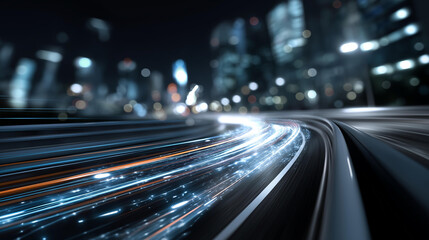Fototapeta premium Dynamic light trails racing across a futuristic digital highway, rapid data flow, high-speed connectivity, technological progress, smart infrastructure, urban innovation,