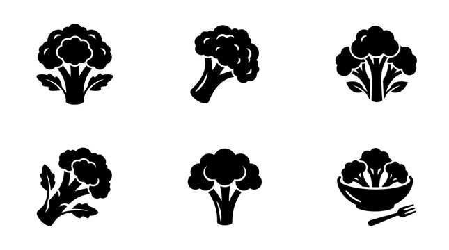 collection of broccoli, 6 filled black minimal icon vector set , white background , PNG and SVG isolate