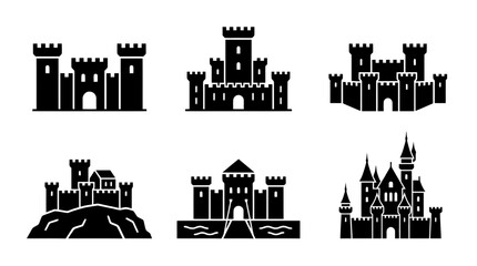 Obraz premium collection of castle, 6 filled black minimal icon vector set , white background , PNG and SVG isolate