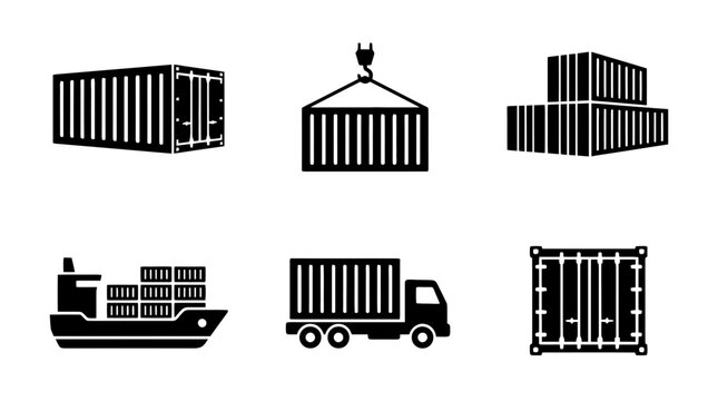 collection of cargo container, 6 filled black minimal icon vector set , white background , PNG and SVG isolate