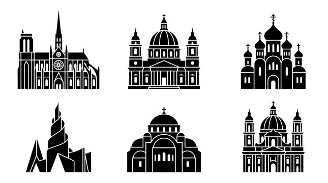 collection of cathedral, 6 filled black minimal icon vector set , white background , PNG and SVG isolate
