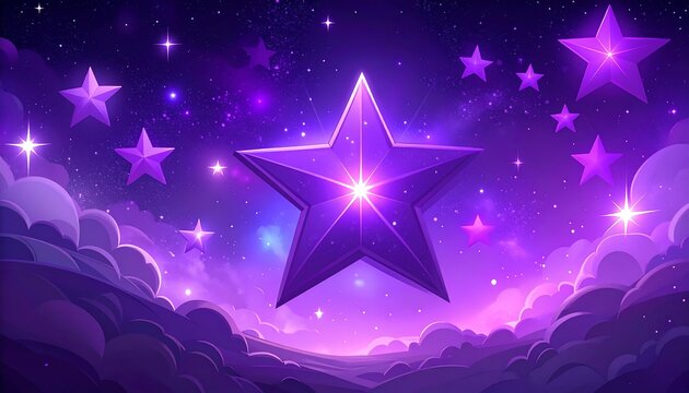A whimsical purple starry sky with stylized clouds and a bright five pointed star in the center