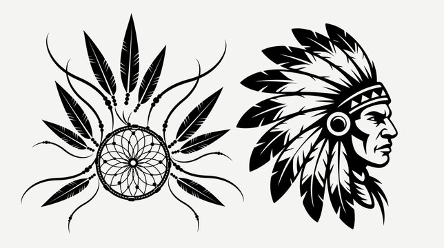 Profile of an Indian chief with a feather headdress and a tribal dreamcatcher symbol.