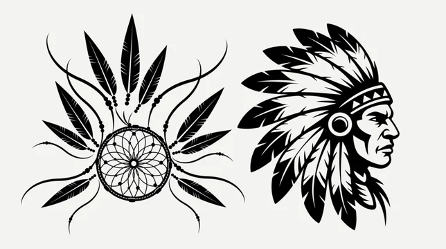 Profile of an Indian chief with a feather headdress and a tribal dreamcatcher symbol.