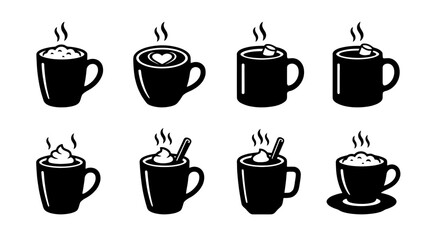 Fototapeta premium collection of cocoa mug, 6 filled black minimal icon vector set , white background , PNG and SVG isolate