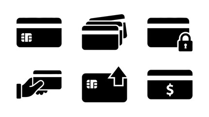 Obraz premium collection of credit card, 6 filled black minimal icon vector set , white background , PNG and SVG isolate