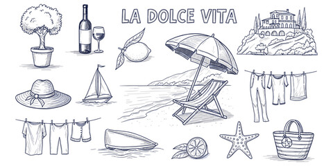 La Dolce Vita illustration, Mediterranean lifestyle design, coastal vacation motif artwork, Italian culture symbol, leisure decorative motif, travel holiday artwork, flat vector drawing © Tauhidul