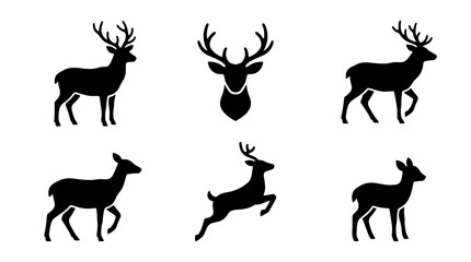Fototapeta premium collection of deer, 6 filled black minimal icon vector set , white background , PNG and SVG isolate