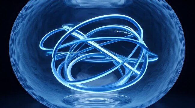 Abstract blue neon light rings in glass sphere, futuristic glowing energy orb, luminous circular fiber optic lines for technology background