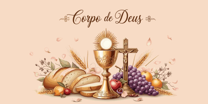 Corpus Christi religious illustration, Eucharist chalice design, bread grapes motif artwork, Christian liturgy symbol, sacred decorative motif, faith celebration artwork, flat vector drawing