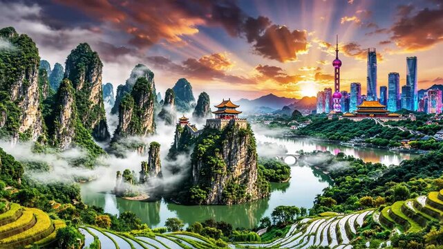 Scenic view of lush green terraced fields and towering karst mountains at sunrise in China
