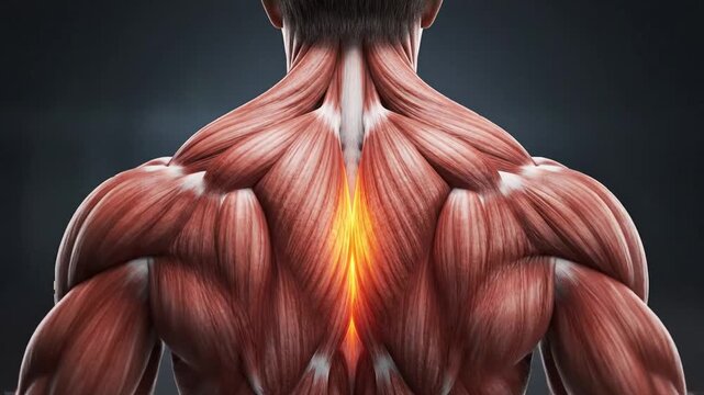 Detailed anatomical illustration of human back muscles trapezius and deltoids showcasing muscle fibers and definition with dramatic lighting against a dark textured background