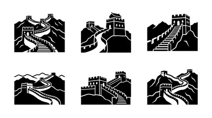 Naklejka premium collection of great wall of china, 6 filled black minimal icon vector set , white background , PNG and SVG isolate