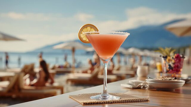 Pink cocktail on beachside table at seaside resort