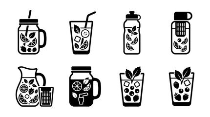 Fototapeta premium collection of infused water, 6 filled black minimal icon vector set , white background , PNG and SVG isolate