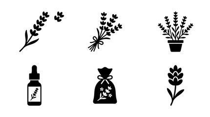 Fototapeta premium collection of lavender, 6 filled black minimal icon vector set , white background , PNG and SVG isolate
