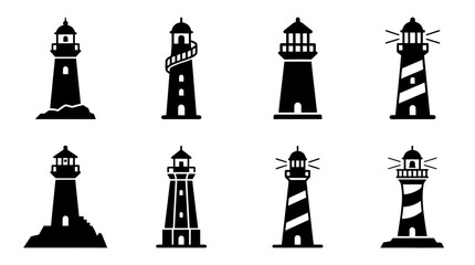 Fototapeta premium collection of lighthouse, 6 filled black minimal icon vector set , white background , PNG and SVG isolate