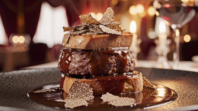 Tournedos Rossini with foie gras, truffle slices, and rich demi-glace sauce on a plate in a luxurious restaurant. Fine dining culinary masterpiece. High-end food background.