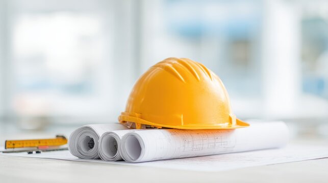 Yellow Hard Hat Resting on Blueprints with Measuring Tools in Bright Workplace for Construction and Engineering Projects