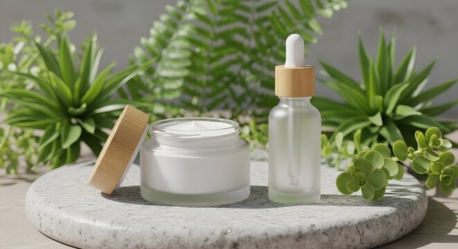 Clear glass jar of cream and glass dropper bottle with plants