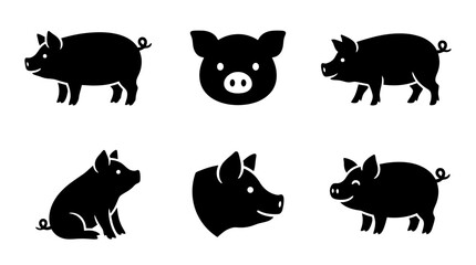 Fototapeta premium collection of pig, 6 filled black minimal icon vector set , white background , PNG and SVG isolate