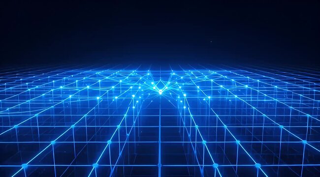 Glowing blue network grid extending into the distance with central focal point