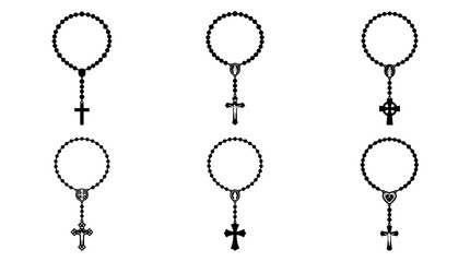 collection of rosary beads, 6 filled black minimal icon vector set , white background , PNG and SVG isolate