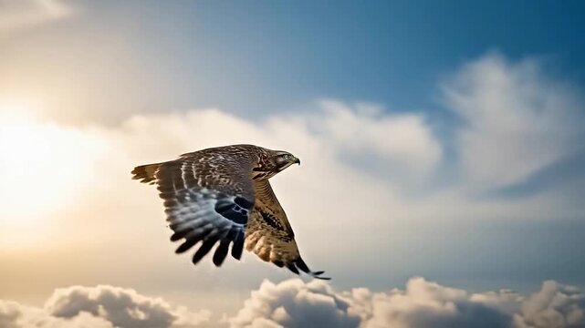 Hawk soaring high above the clouds with the sun in the background, eagle in the sky