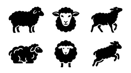 collection of sheep, 6 filled black minimal icon vector set , white background , PNG and SVG isolate
