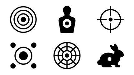 collection of shooting target, 6 filled black minimal icon vector set , white background , PNG and SVG isolate