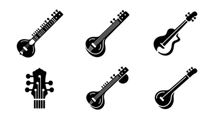 Fototapeta premium collection of sitar instrument, 6 filled black minimal icon vector set , white background , PNG and SVG isolate