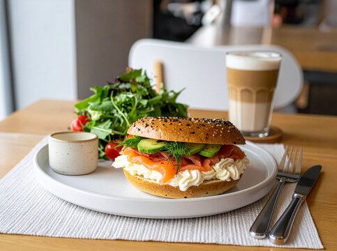 アボカドとサーモンのベーグルサンドのランチ