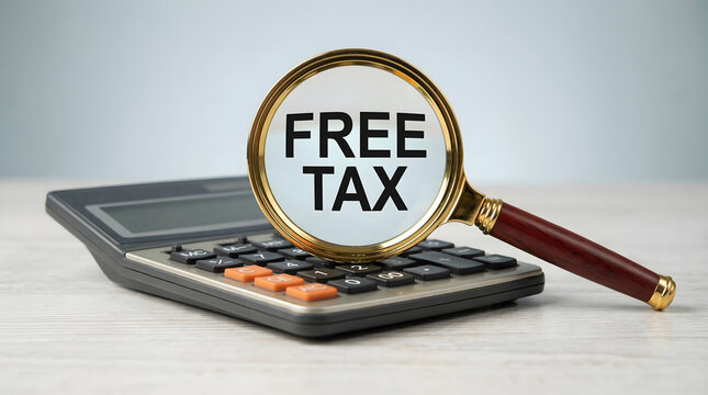 A magnifying glass clearly highlights the words FREE TAX placed on a sleek calculator on a bright wooden desk with soft lighting symbolizing financial