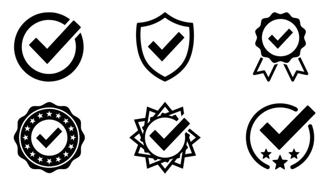 collection of stamp approved, 6 filled black minimal icon vector set , white background , PNG and SVG isolate