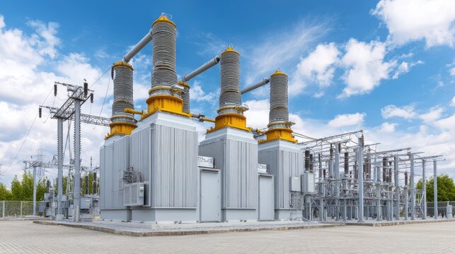Modern Electrical Substation with High Voltage Equipment Under Blue Sky and White Clouds in Daylight