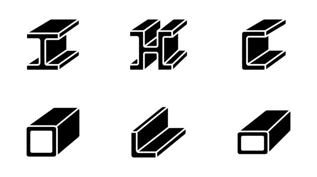 collection of steel beam, 6 filled black minimal icon vector set , white background , PNG and SVG isolate