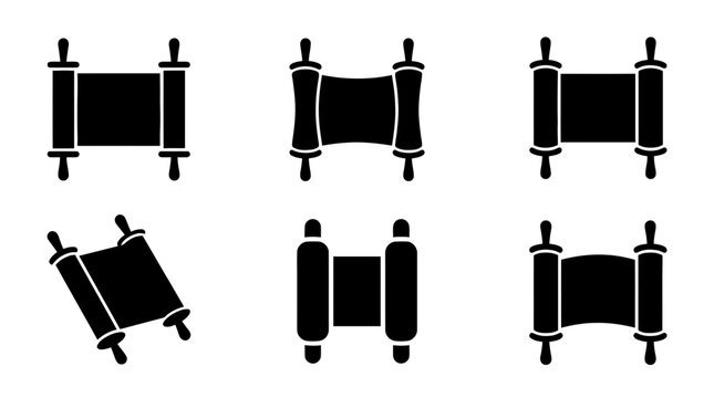 collection of torah scroll, 6 filled black minimal icon vector set , white background , PNG and SVG isolate