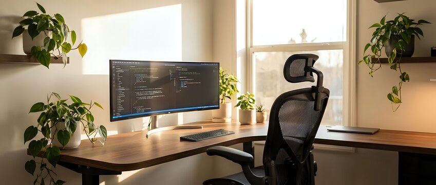 Modern home office workspace with dual monitors displaying code on wooden desk. Ergonomic black mesh chair and green plants create productive programming environment.
