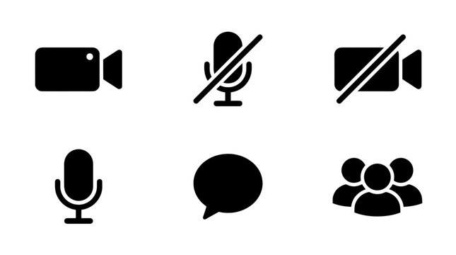 collection of video conference, 6 filled black minimal icon vector set , white background , PNG and SVG isolate