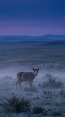 Naklejka premium Solitary deer standing in misty meadow during blue hour twilight with mountain silhouettes creating serene wildlife landscape atmosphere.