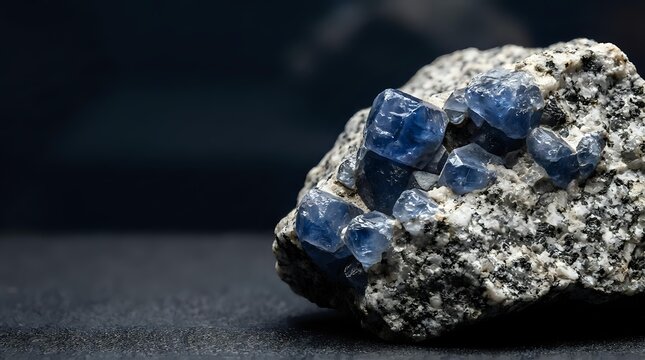 Blue sodalite mineral crystals embedded in white matrix rock specimen on dark background for geology education and gemstone collection displays.