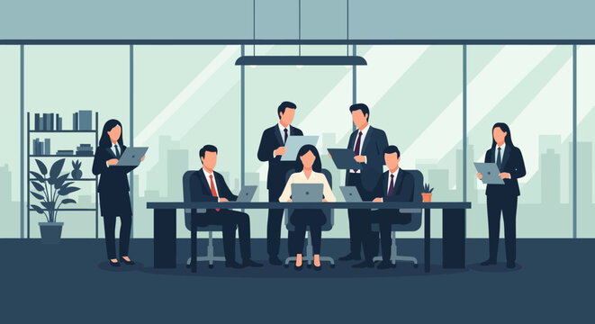 Dedicated professionals engage in a productive office meeting, demonstrating effective teamwork and strategic collaboration within a modern corporate setting.