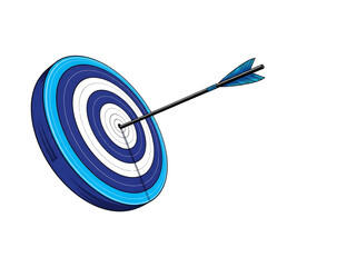A blue and white target with an arrow hitting the center bullseye precisely straight on transparent background