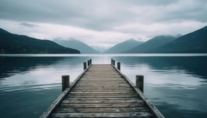 Wooden pier extending into serene misty lake surrounded by lush green mountains under dramatic cloudy sky