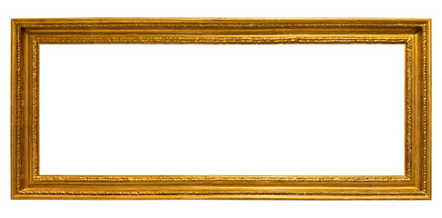 Extra wide panoramic antique gold picture frame with classic ornate border, isolated on white background