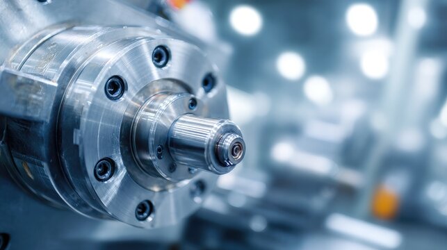 Close-up of Precision Industrial Machine Part in Modern Manufacturing Facility with Bokeh Effect Background