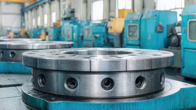 Industrial workshop with machinery and metal components, showing circular metal plate with holes on a workbench surface