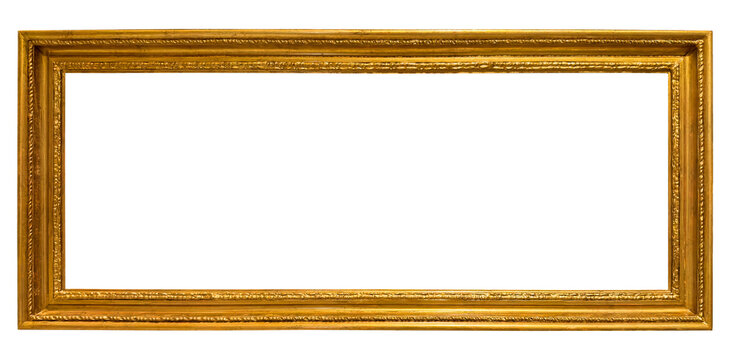 Extra wide panoramic antique gold picture frame with classic ornate border, isolated on white background