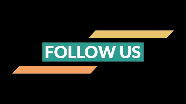 4k seamless loop animation of white follow us text on a pulsing green rectangle with orange and yellow moving ornaments. Alpha channel background for creative social media video editing